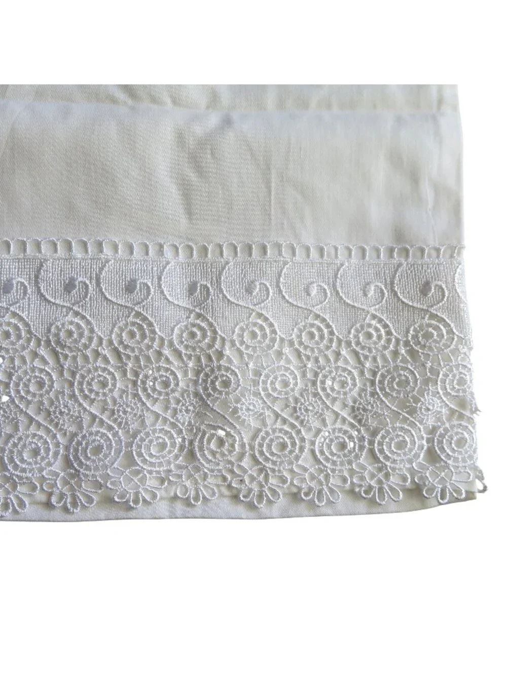 One Vintage Cotton White Pillowcase Embroidered Lace Trim Standard Size